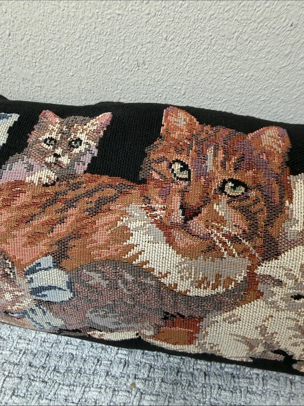 Cottagecore Kitty Cats Embroidered Tapestry Pillow Cat Decor Black Tan Ivory